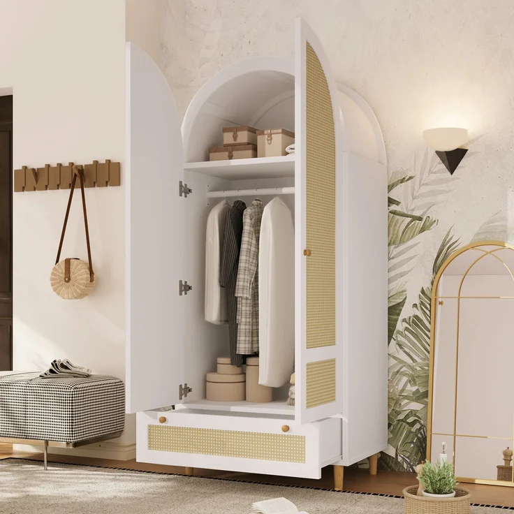 Kleiderschrank 80x50x180 cm aus Holz in Rattan-Optik, Schrank in Weiß mit Bogen-Design, Wäscheschrank mit Kleiderstange und Schublade, Garderobenschrank für Schlafzimmer, Kinderzimmer, Flur--Weiß--80x50x180cm--YOUDENOVA – Bild 9