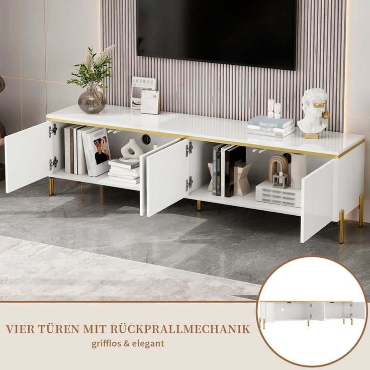 SeedWave Lowboard Wohnzimmerset mit Hochglanzfronten, 170cm TV-Schrank, 100cm Couchtisch, griffloser Fernsehschrank mit Staufächern, Metallfüßen – Bild 4