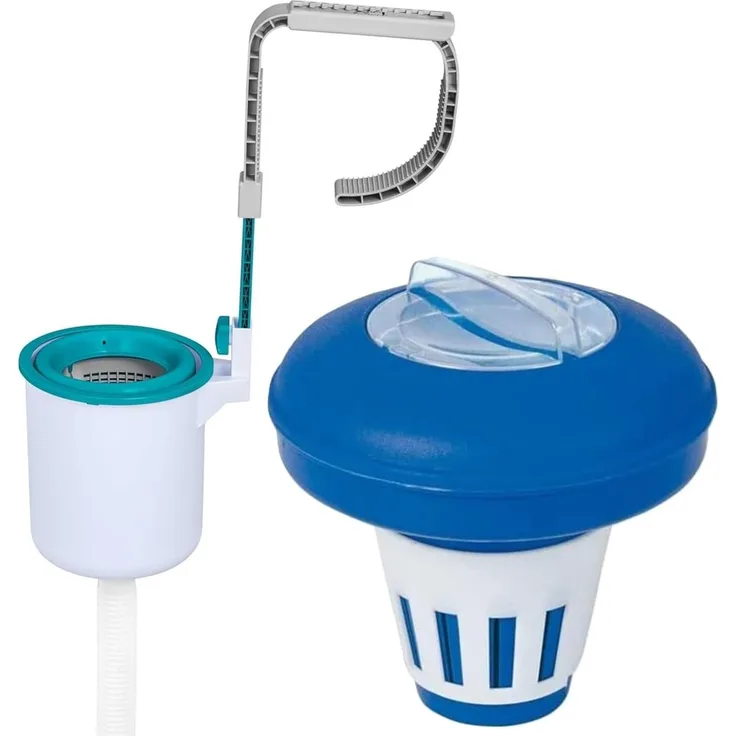 Bestway Poolpflege-Set | Einhängeskimmer für Filteranlagen ab 2.006 l/h & Dosierschwimmer Ø 16,5 cm | zur Oberflächenreinigung & Chemikaliendosierung | ideal für den Pool geeignet