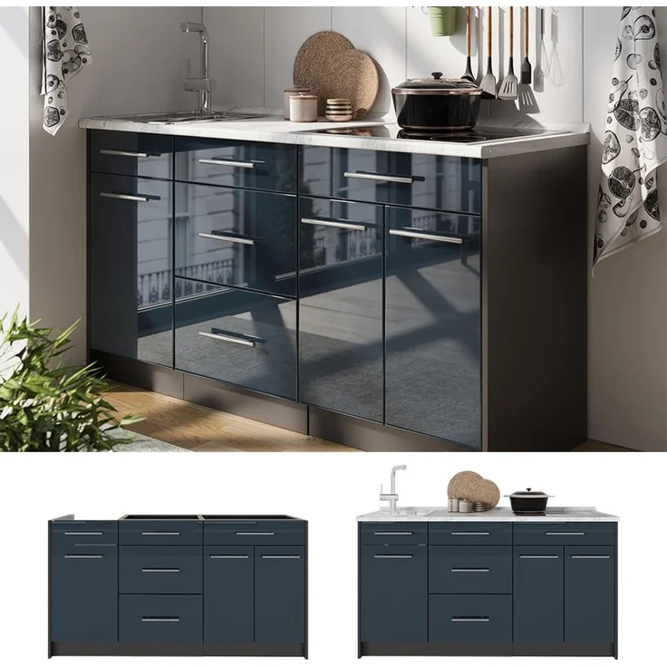 Küchenblock Fame-Line Dunkelblau Hochglanz 150 cm, AP Anthrazit Vicco – Bild 7