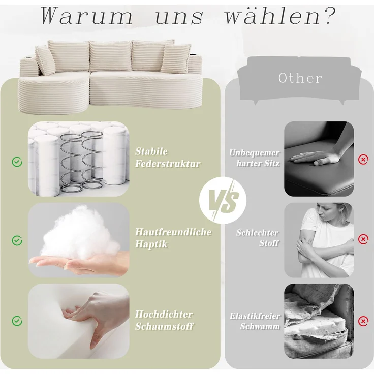 LVHOM Ecksofa L-Form, Cloud Sofa mit Tassenhalter und Seitentaschen, 3-Sitzer Sofa aus Cordstoff, kein Aufbau erforderlich, 250x152cm, Beige – Bild 7