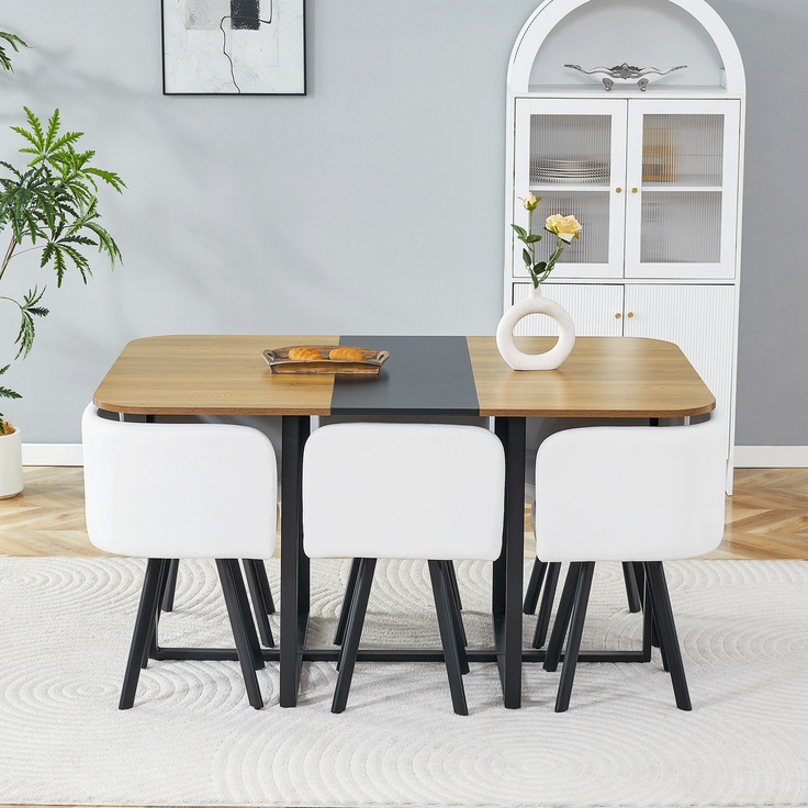 Ausziehbare Esstischgruppe mit 6 Stühlen, MDF-Holzmaserung, schwarzes Metallgestell, modern,H 79 x T 150 x B 100 cm – Bild 3