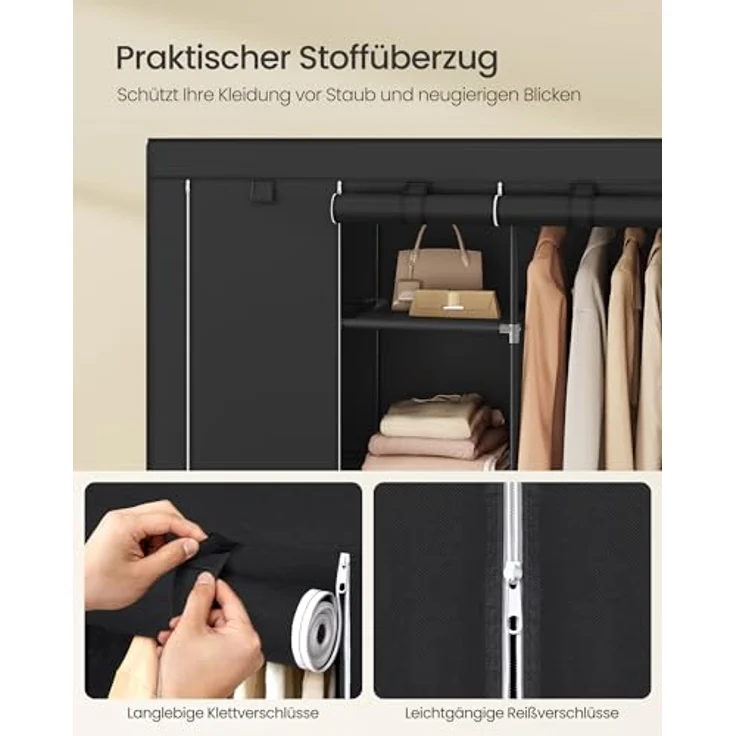 Songmics Kleiderschrank, Garderobe, Kleiderständer mit Vliesstoffbezug, Hängestangen, Ablagen, 45 x 130 x 168 cm, große Kapazität, für Schlafzimmer, Wohnzimmer, tintenschwarz RYG096B01 – Bild 6