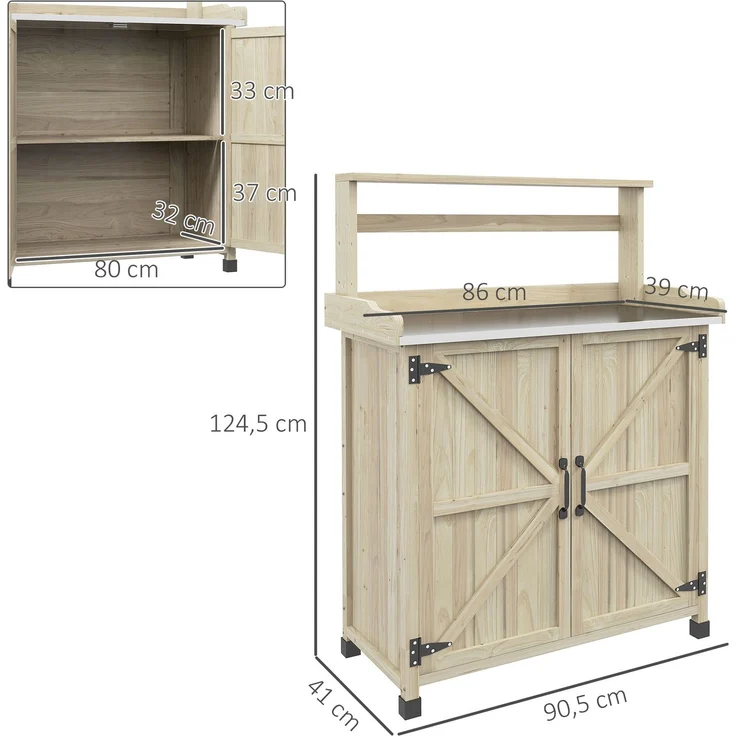 Umtopf-Tisch, Gartentisch, Schrank und Regale sowie Tablett mit rutschfesten Gleitern, 90,5 x 41 x 124,5 cm, Naturholz – Bild 5