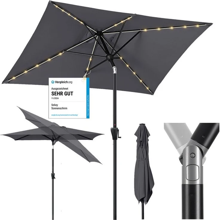 Sekey Sonnenschirm mit LED-Beleuchtung, Kurbel & UV50+, knickbar, Aluminium grau, 200 x 300 cm – Bild 5