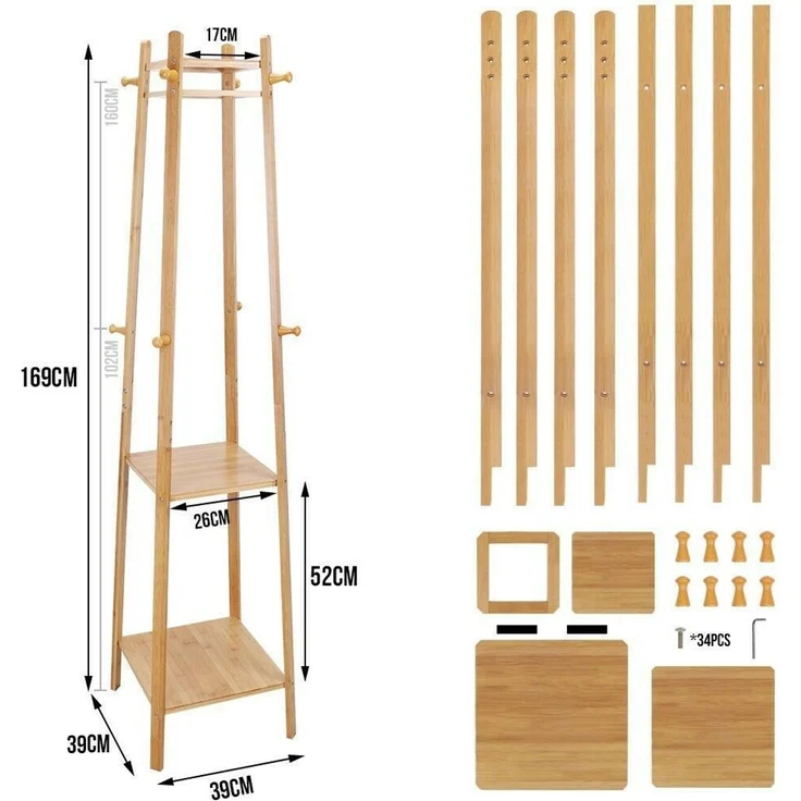 UNHO Kleiderständer Garderobenständer mit 8 Haken 3 Ablagen Bambus Beige 39 x 39 x 169 cm – Bild 7
