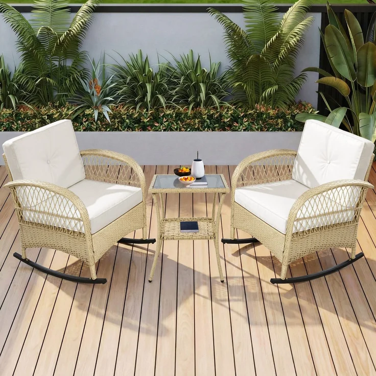 Balkonset mit 1 quadratischem Glastisch und 2 Schaukelstühlen, 3-tlg, Loungeset, Gartenmöbel, Metallrahmen, Polyrattan – Bild 2