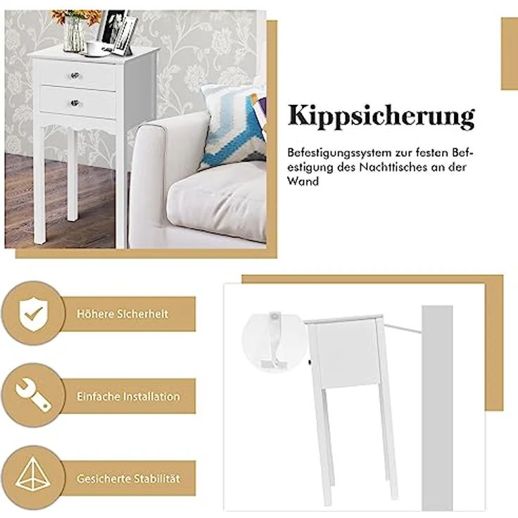 COSTWAY Beistelltisch mit 2 Schubladen, einfacher Nachttisch mit Kippsicherung, moderner vielseitiger Beistelltisch – Bild 5