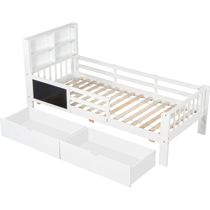 Kinderbett 90x200 cm in Weiß mit Tafel, Sicherheitsleiste und 2 Schubladen – ohne Matratze – Bild 6