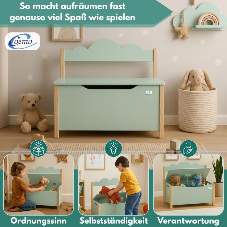 Coemo Truhe TRUDI mit Deckel Sitzbank für Kinder Spielzeugtruhe Mintgrün – Bild 3