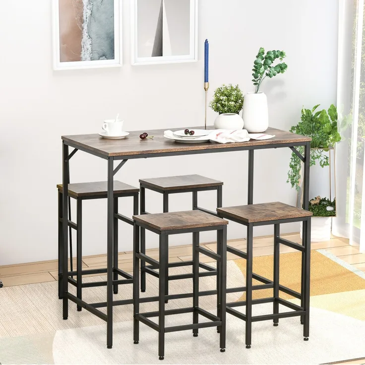 Bartisch-Set mit 4 Barhockern, Spanplatte und Stahl, 100x60x88 cm, Rustikalbraun/Schwarz