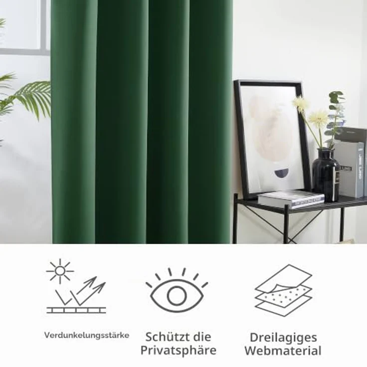 Deconovo VerdunklungsVorhänge kurz Wohnzimmer Hitzeschutz Curtain Waldgrün | 2er Set, H160 x B132 cm, Abdunkelnde Vorhänge für Schlafzimmer und Wohnräume, Blickdicht Gardinen und Hitzeschutz Vorhang – Bild 6