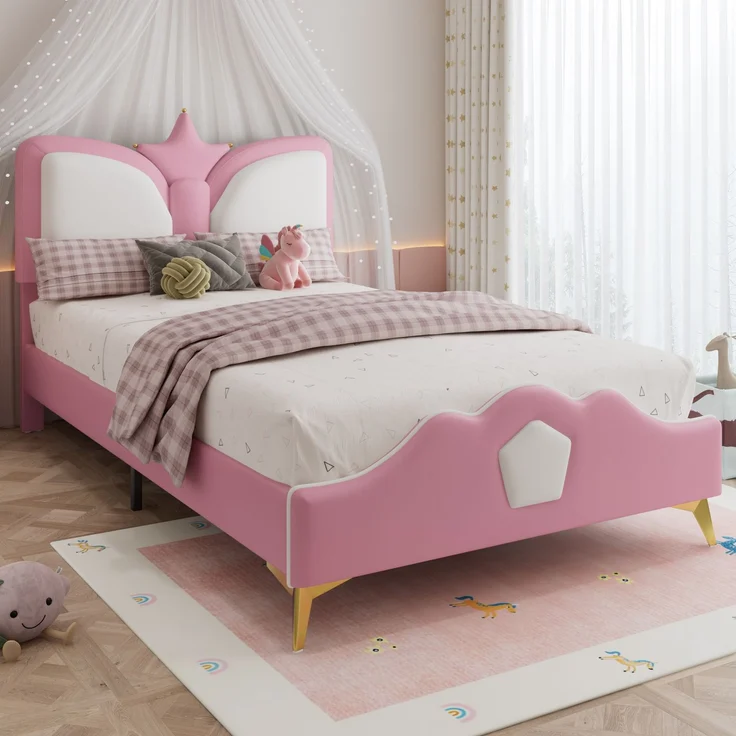 Merax Polsterbett, 90 x 200cm Einzelbett, Kinderbett, Kopfteil mit Kronenform, Weiche Antikollisions-Schwammkante und Kopfteil, Rosa+Weiß – Bild 3