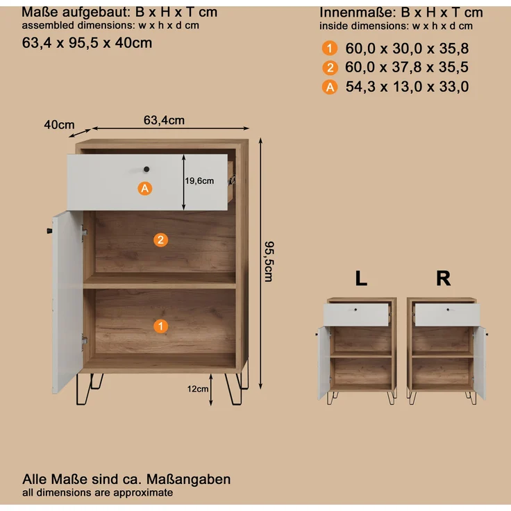 trendteam smart living - Touch - Kommode - Eiche/Weiß - Garderobenkommode mit moderner Rautenfräsung - Soft-Close - (BxHxT) 63 x 96 x 40 cm - Flurschrank mit Vollauszug-Schubladen – Bild 11