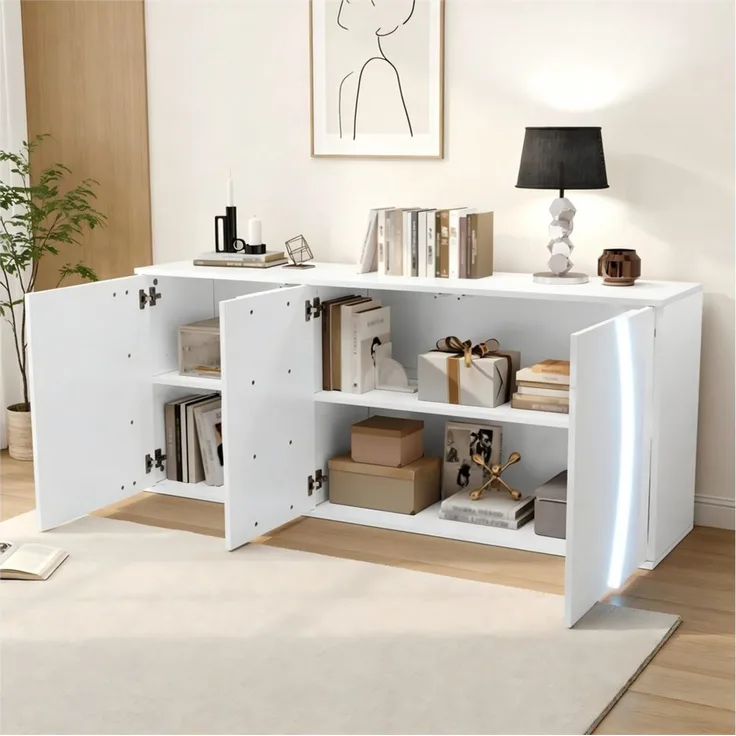 Merax Sideboard mit LED-Beleuchtung, Wohnzimmerschrank in Hochglanz Weiß (1 St), Kommode mit drei Türen und viel Stauraum, 150x40x70cm