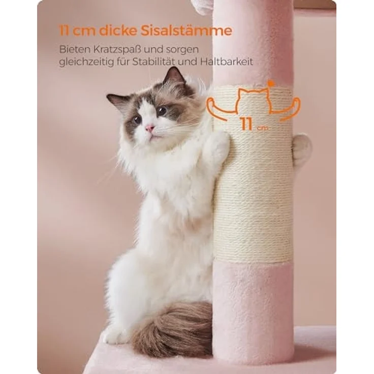 Feandrea Kratzbaum, 101 cm Katzenbaum, XL, Katzenhaus für extra große Katzen bis zu 20 kg, große Plattform, 2 Katzenhöhlen, Sisalstämme, pastellrosa PCT614P01 – Bild 6