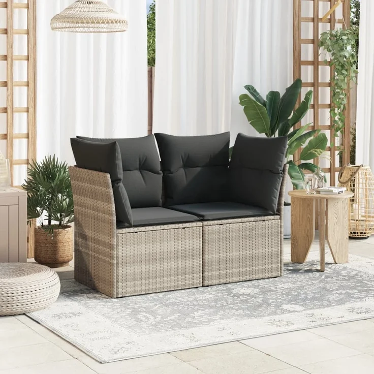 vidaXL Gartensofa mit Kissen 2-Sitzer Hellgrau Poly Rattan 366192 – Bild 2