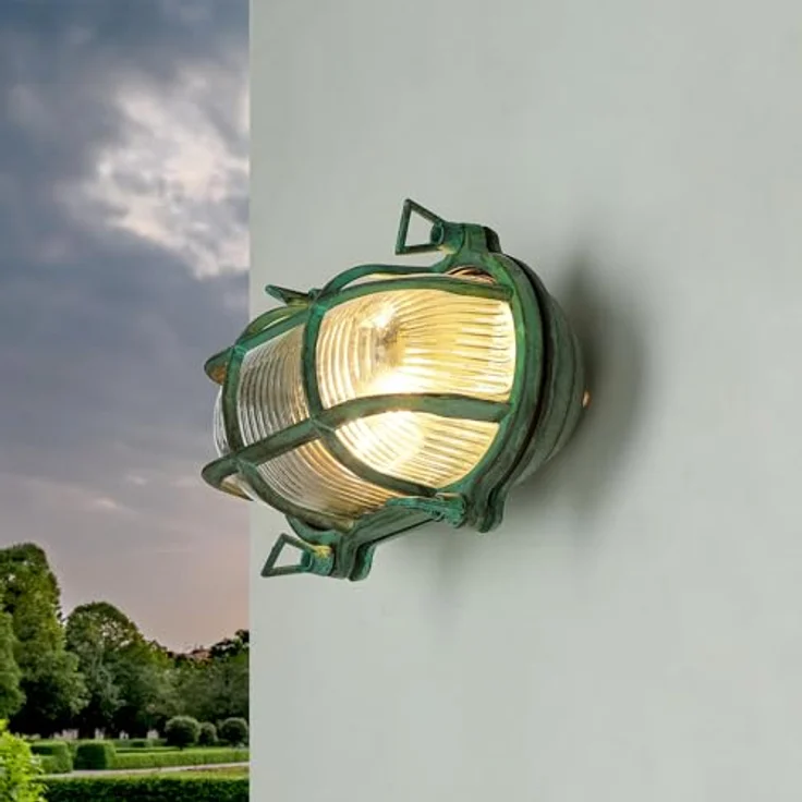 Licht-Erlebnisse SKIATHOS Wandaußenleuchte Messing Glas Grün Antik IP64, Maritime Schiffsleuchte, E27, 130 mm Höhe, 210 mm Breite, 100 mm Tiefe – Bild 1