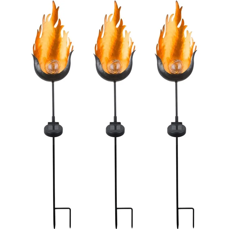 3er Set LED Solarlampen im Flammen Design, Feuereffekt