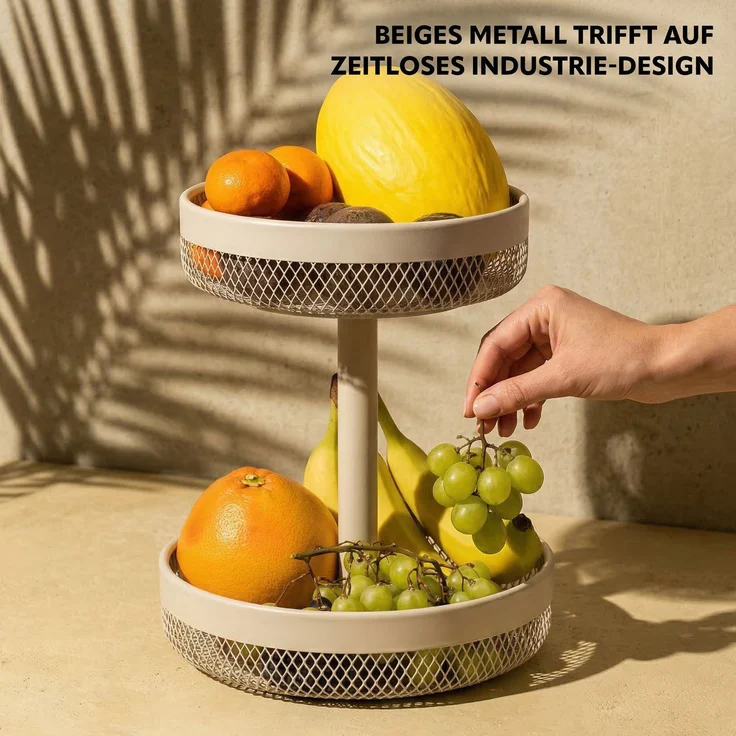 eluno 2-stöckige runde Obstetagere / Brotkorb, Metall, beige, Ø 20 cm und 25 cm – Bild 4