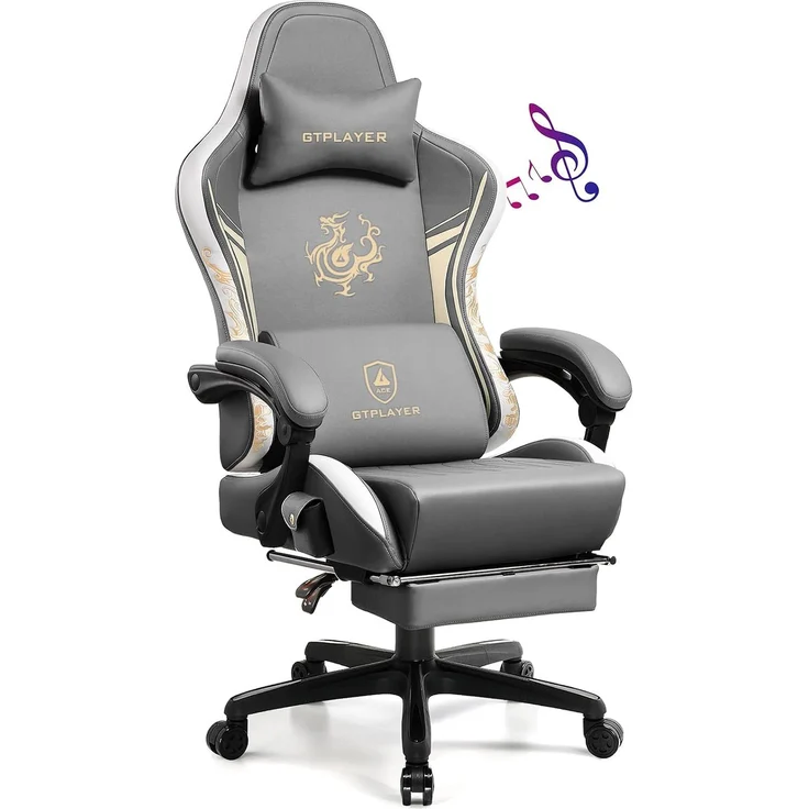 GTPLAYER Gaming Stuhl Gamer Stuhl mit Bluetooth-Lautsprechern und Fußstütze, Dragon Series Bürostuhl, Ergonomischer Drehsessel, Computerstuhl 150KG, grau – Bild 1