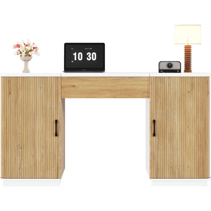 Schreibtisch 140x50x78/92 cm, manuell höhenverstellbar, MDF in Weiß und Eichenoptik – Bild 7