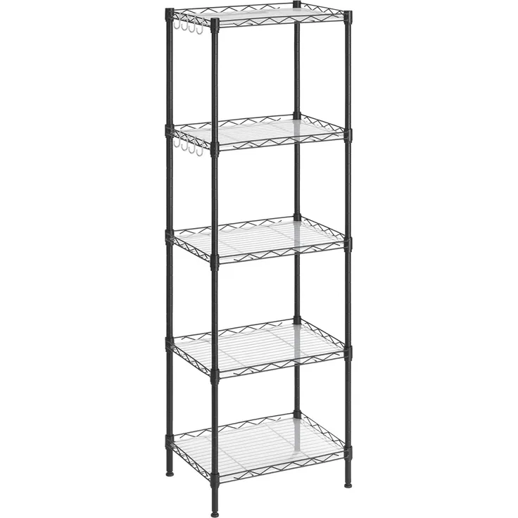 Songmics Küchenregal mit 5 Ebenen, Metallregal, Standregal, höhenverstellbare Gitterablage, mit PP-Kunststoffplatten, 8 S-Haken, für Küche, Wohnzimmer, bis zu 100 kg belastbar, schwarz LGR115B01