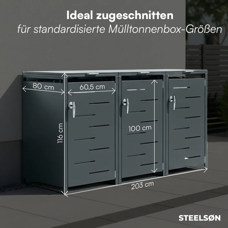 STEELSØN 'Diorus' Mülltonnenbox 3er je 240 Liter, anthrazit, Mülltonnenverkleidung aus Stahl mit Sichtstreifen, wetterfest, 116x80x203 cm, abschließbare Müllbox für 3 Tonnen – Bild 6
