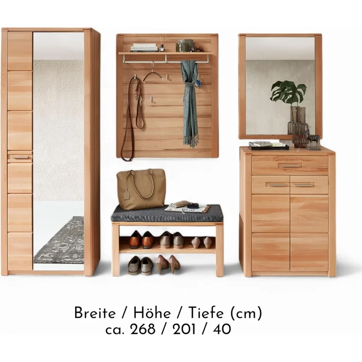 Stella Trading Nature ONE Flurgarderoben Set in Kernbuche Teil-massiv FSC-Zertifiziert - Modernes Garderobenset 5-teilig für Ihren Eingangsbereich - 268 x 201 x 40 cm (B/H/T) – Bild 6