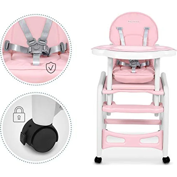 Kinderhochstuhl Babyhochstuhl Mitwachsender Multifunktions Hochstuhl 5in1 Tisch + Babystuhl regulierbar Schaukelfunktion SINCO Ricokids (Rosa) – Bild 7