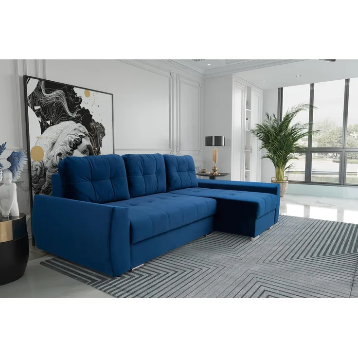 MEBLINI Schlafcouch mit Bettkasten - FURLA - 250x151x90cm Rechts - Blau Samt - Kleines Ecksofa mit Schlaffunktion - Sofa mit Relaxfunktion und Kissen - Kleine Couch L-Form - Eckcouch