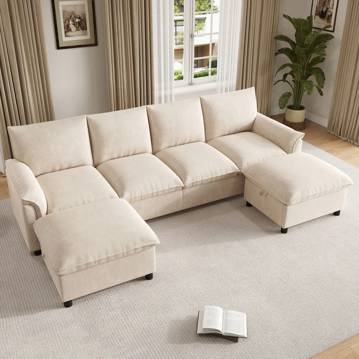 Merax U-förmiges modulares Sofa, bequemes Ecksofa mit Deep-Seat-Design, mit 2 beweglichen Fußhockern, hohe Rückenlehne, Chenille, Beige, B264.5/D142.5/H84 – Bild 3