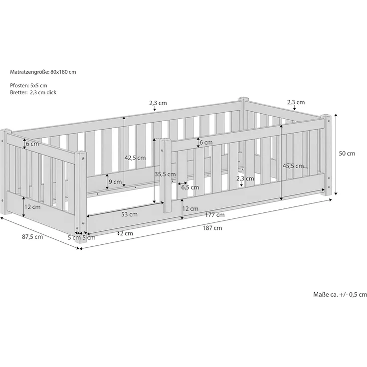 Kinderbett, Bodenbett mit dreiseitiger Sicherung 80x180 Kiefer natur lackiert V-60.77-08-180Rollrost inkl. – Bild 3