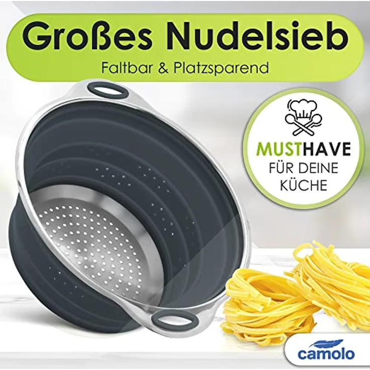 Camolo Nudelsieb Abtropfsieb Sieb Küchensieb Faltbar Klappbar, Silikon, Edelstahl – Bild 4