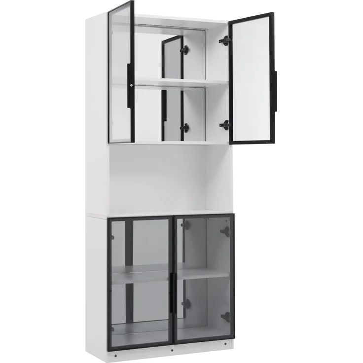 Flieks LED Vitrinenschrank 2er-Set 70 x 30 x 170 cm, Glasvitrine mit Spiegelrückwand, grauen ESG-Glastüren & LED-Beleuchtung, Weiß – Bild 9
