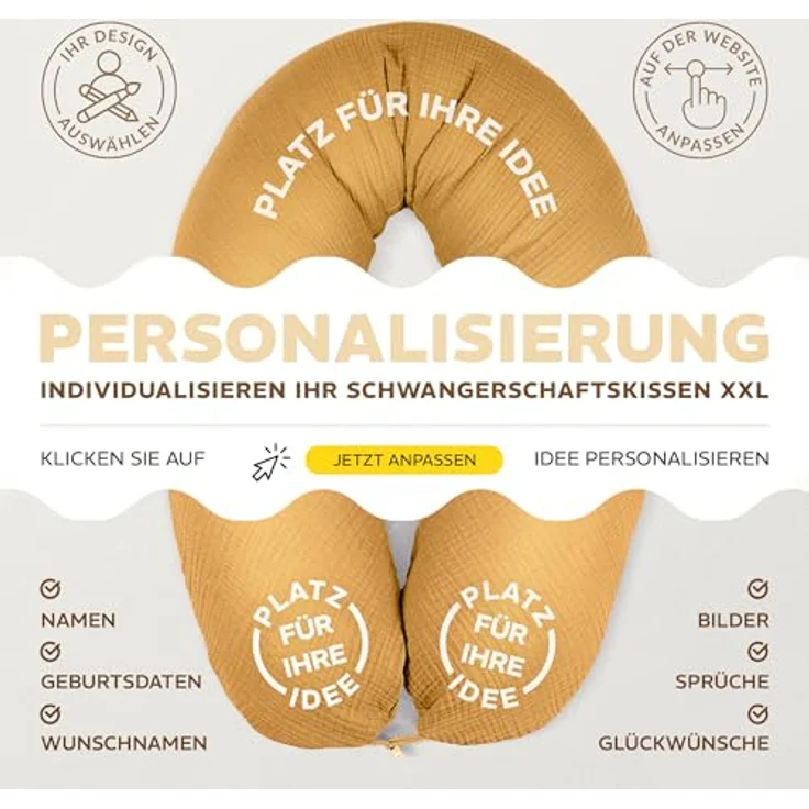 sei Design XXL Stillkissen Seitenschläferkissen - Musselin-Bezug personalisiert mit Namen Geburtsdatum: personalisierte Geschenke zum Geburt Baby Geschenk für Junge oder Mädchen – Bild 3