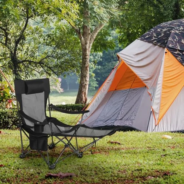 eSituro Campingstuhl klappbar, Angelstuhl faltbar, Klappstuhl mit Abnehmbarer Fußablage Getränkehalter Tragetasche, Strandstuhl mit Verstellbarer Rückenlehne, Campingliege Schwarz – Bild 3