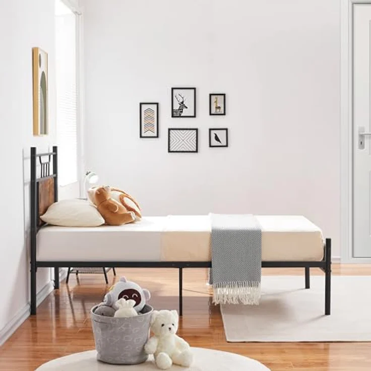 VECELO Bett 90x200 cm mit Holzkopfteil, Holz Metallbett mit Lattenrost, Bettgestell Bettrahmen aus Metall, Einzelbett Jugendbett Gästebett, perfekt für Schlafzimmer, Braun – Bild 8