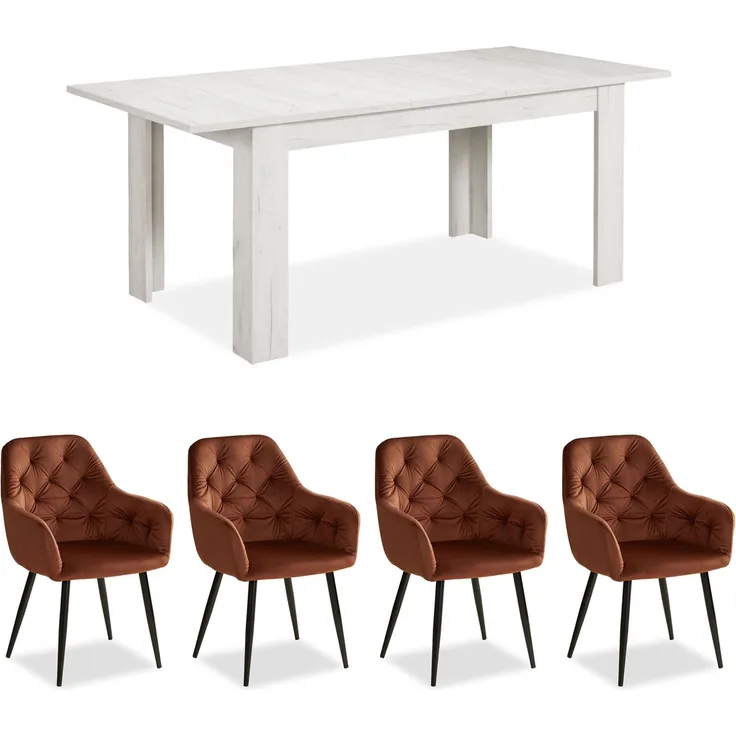 Homestyle4u Essgruppe mit Holztisch und 4 Polsterstühlen, Massivholz weiß / Samt braun, B/T/H: 160,5 - 200,5 x 90,5 x 76,5 cm