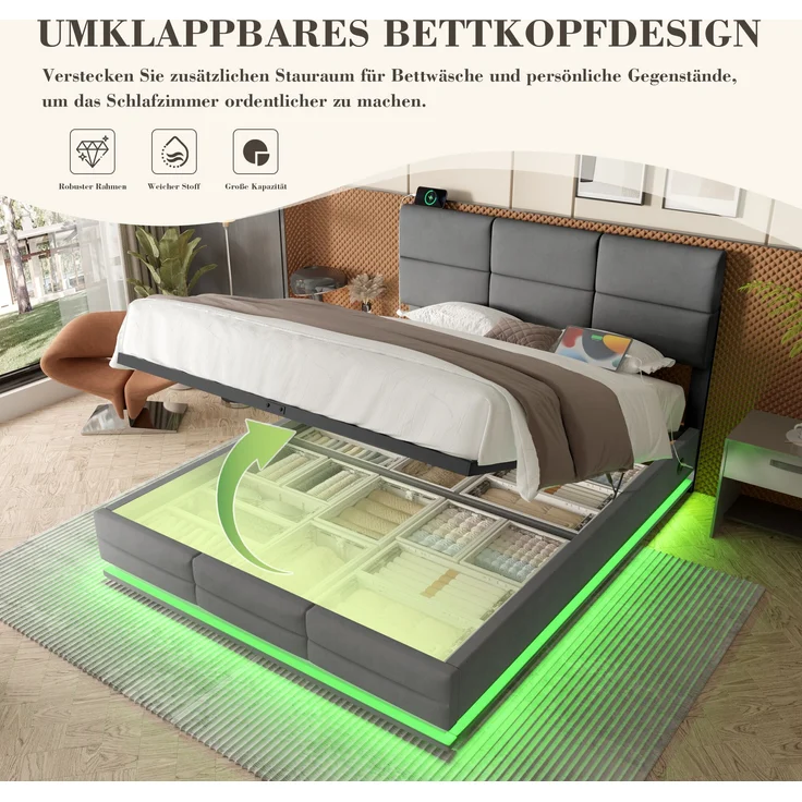 LVHOM Polsterbett 180x200cm mit LED und USB, Einzelbett mit Hydrauliksystem, Stauraumbett Samtstoff, Bettgestell Massiv, Boxspringbett, Grau – Bild 3