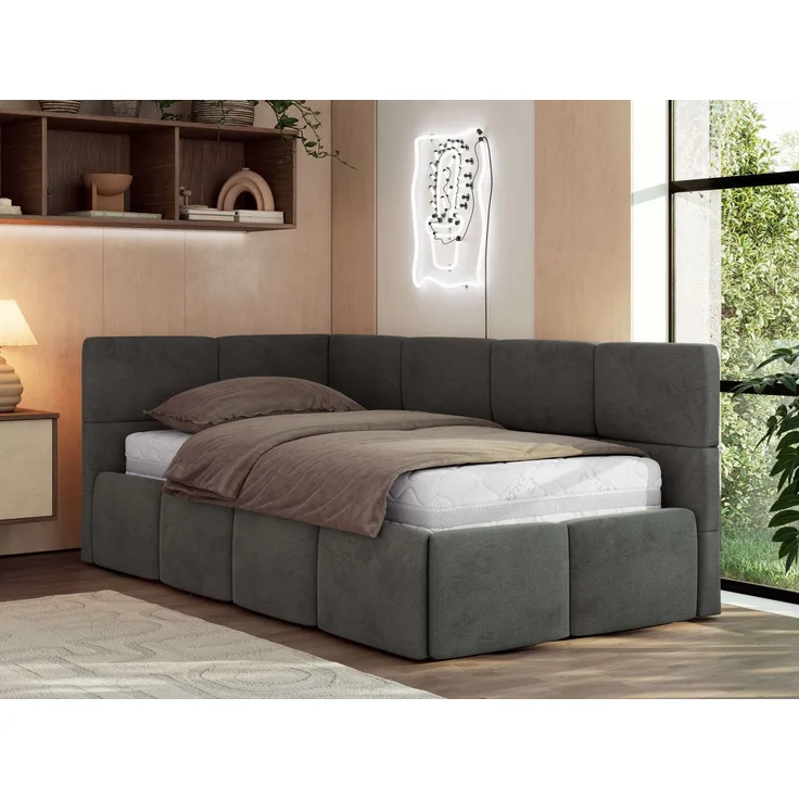 Jugendbett 90x200 ARVO Polsterbett mit Bettkasten, Stauraum & Gasdruckfeder, Modernes Design mit Kopfteil, Multipocket Matratze - Dunkelgrau Velvet - ELORI LUX - Links Seite