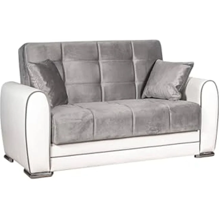 Dmora - Schlafsofa Pablito, Eck-Container-Schlafsofa aus Kunstleder und Stoff, Wohnzimmersofa mit klick-Klack-Öffnung und umkehrbarer Halbinsel, cm 163x84h91, Weiß und Grau – Bild 2