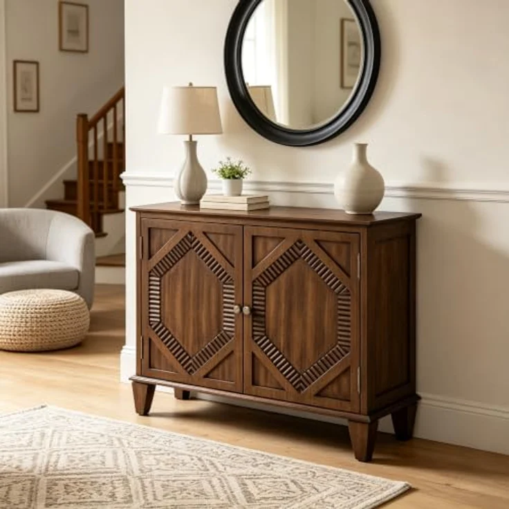Vectis Sideboard mit Echtholzfurnier, reliefverzierte Doppeltüren & verstellbarem Einlegeboden für Eingang & Esszimmer (Walnussfarbe) – Bild 6