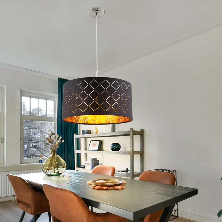 Hängeleuchte, Metall Textilschirm, schwarz gold, H 140cm – Bild 6