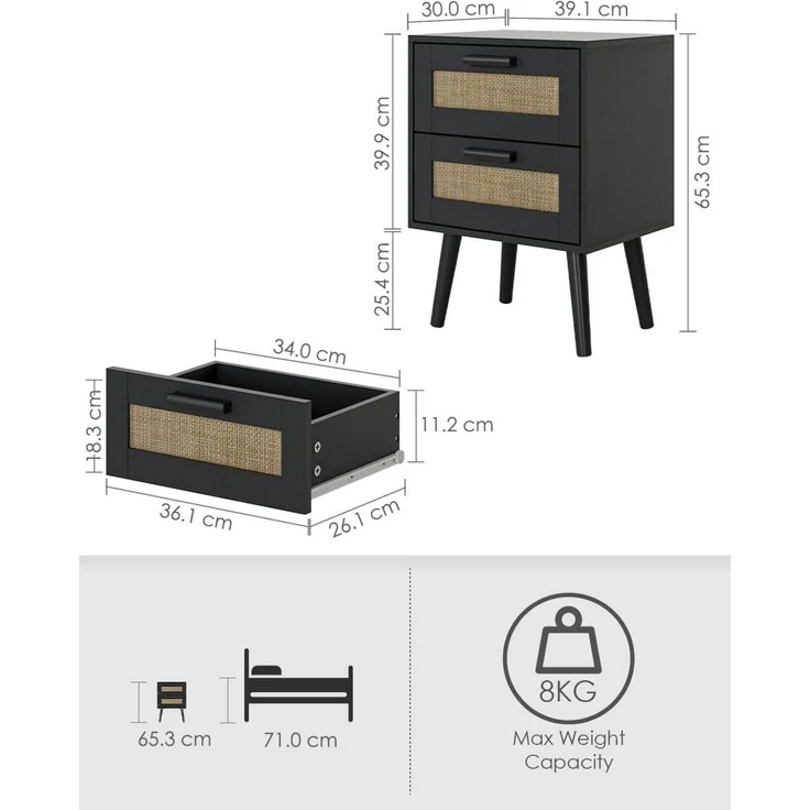 Rattan Nachttisch mit Schublade Beistelltisch Holzbeine Schlafzimmer Wohnzimmer – Bild 2