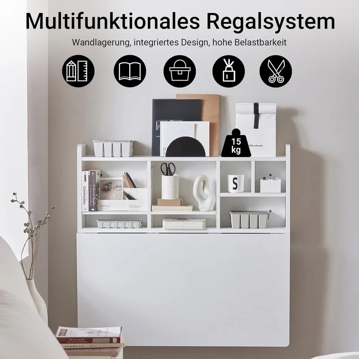 Wandklapptisch Schreibtisch mit Integriertem Schweberegal weiß FWT07-W – Bild 4