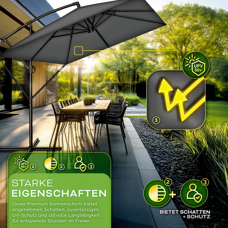 tillvex® Alu Sonnenschirm Rechteckig Ø 330 cm Anthrazit + Abdeckung mit Kurbel | Ampelschirm Eckig mit Ständer & Windschutz | Gartenschirm UV-Schutz Aluminium | Kurbelschirm Marktschirm wasserdicht 360° drehbar – Bild 3