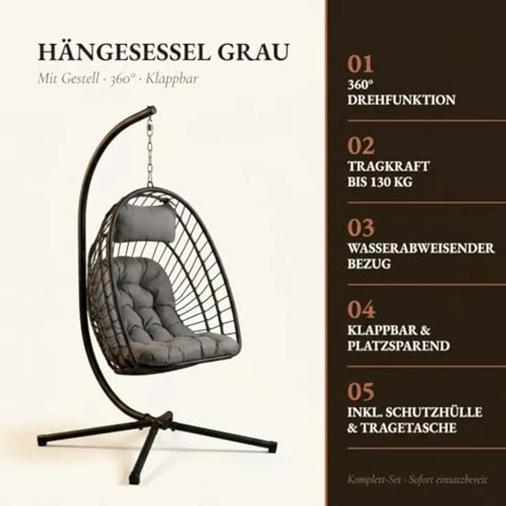 Onbest Hängesessel mit Schutzhülle 130kg 360° drehbar höhenverstellbar, bequem gepolstert – Bild 9