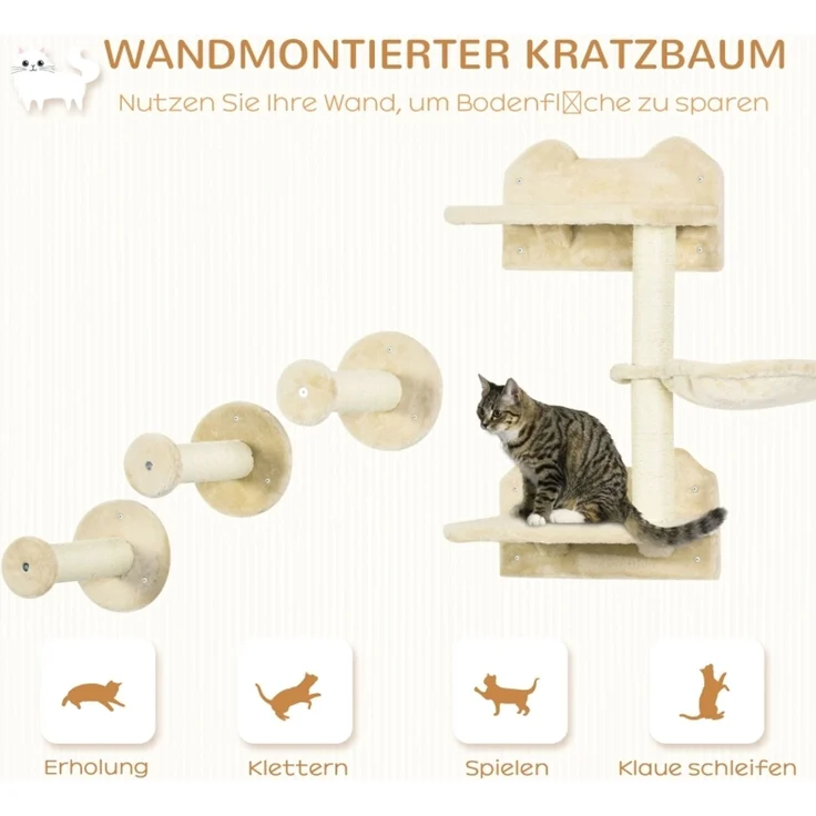 JARDJ Kletterstufen, Kletterwand, Katzentreppe, 4-tlg Set, mit Kratzbaum, Hängematte, beige+cremeweiß, 40 x 28 x 73cm – Bild 4