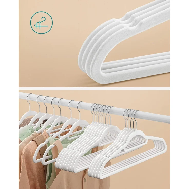 SONGMICS Kleiderbügel Samt, 20er Set, Bügel, rutschfest, kleine Stange für Krawatten, 360° drehbarer Haken, 0,6 cm dick, platzsparend, 43,5 cm breit, für Mäntel, Hosen, Silber-Weiß CRF020W01 – Bild 3